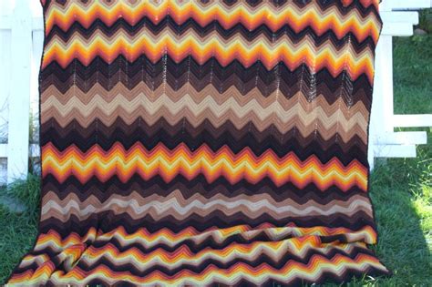 Huge Vintage Afghan Bedspread Sized Wool Blanket Ripple Stripes In