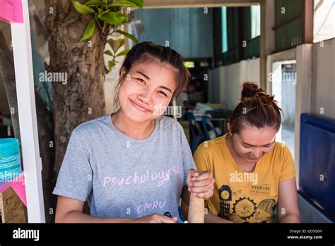 Zwei Junge Thai Mädchen Machen Papayasalat Chiang Mai Thailand Stockfotografie Alamy