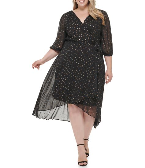 dkny plus size dotted print 3 4 balloon sleeve surplice v neck tie waist high low chiffon faux
