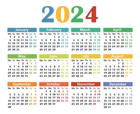 Calendario En Inglés Para 2024 La Semana Comienza En Lunes Vector