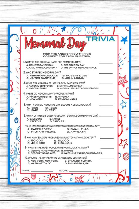 Memorial Day Party Trivia Game Printable Kids Activity Sheet Instant
