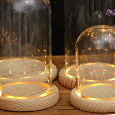 Clear Glass Display Dome With Led Wood Base Microlandscape Holder Ebay