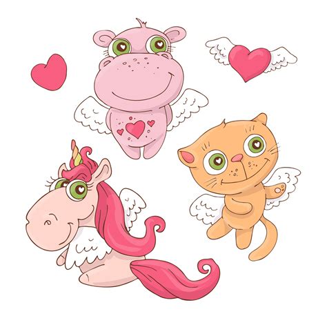 Set Of Cute Cartoon Animals Angels For Valentine S Day With Accessories