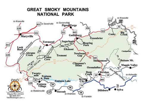 A Map Of The Great Smoky Mountains National Park With Several