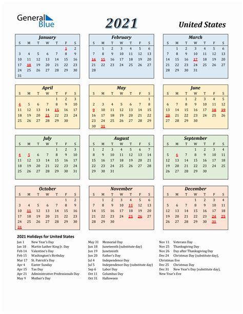 2021 United States Calendar With Sunday Start