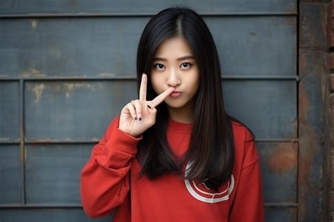 premium ai image hipster teen gen z asian girl showing shh sign finger gesture asking to keep