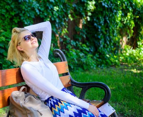Lady Needs Relax And Vacation Girl Sit Bench Relaxing In Shadow Green Nature Background Dream