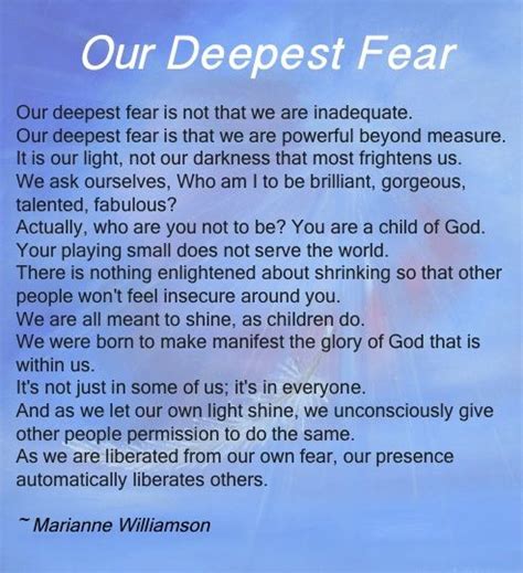 Our Deepest Fear Marianne Williamson Quote Our Deepest Fear Quote