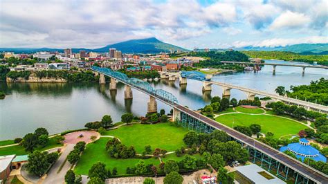 Drone Aerial Of Downtown Chattanooga Tennessee Skyline Stock Photo