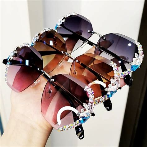 vintage rimless sunglasses women multicolored bling diamond brand designer men sun glasses
