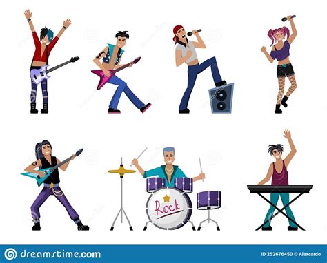 Rock Band Musicians With Instruments On Rock Concert Singers Drummer
