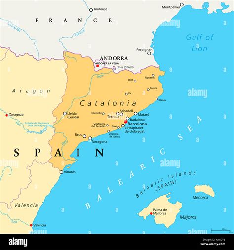 Mapa Político De Cataluña Con Capital Barcelona Fronteras Y Ciudades