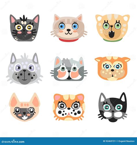 Set Of Cute Cartoon Cats Heads Colorful Character Vector Illustrations