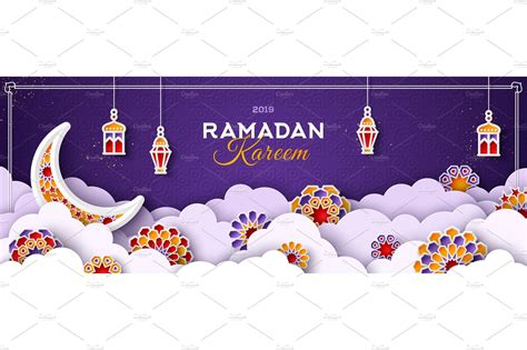 Ramadan Kareem Banner With Clouds Decorative Illustrations Creative