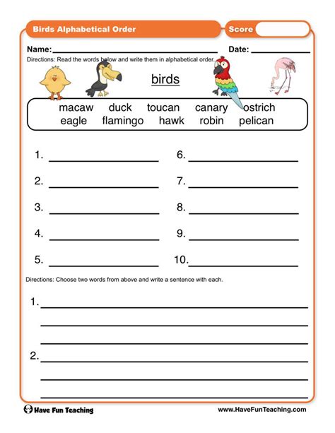 It adding a specification of what kind of order is meant (alphabetical order, size order, numerical order, etc.) does not create a need for an article when. Birds ABC Order Worksheet | Have Fun Teaching