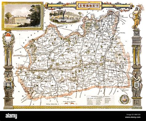 Surrey Map 1850 By Thomas Moule Of The English County With