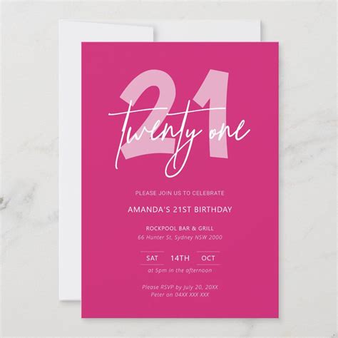 A Pink 21st Birthday Party Card With The Number Twenty One