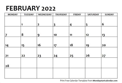 February 2022 Calendar Monday Start February Month Template