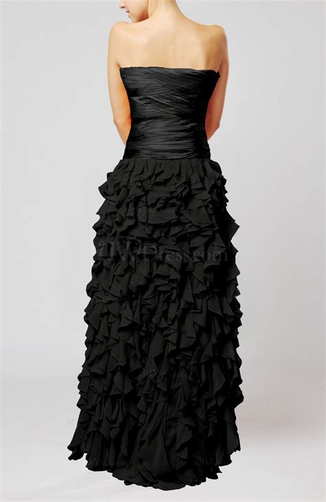 Black Modern A Line Zip Up Chiffon Floor Length Tiered Evening Dresses