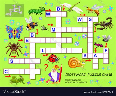 Crossword Puzzle Game For Kids With Cute Insects Vector Image