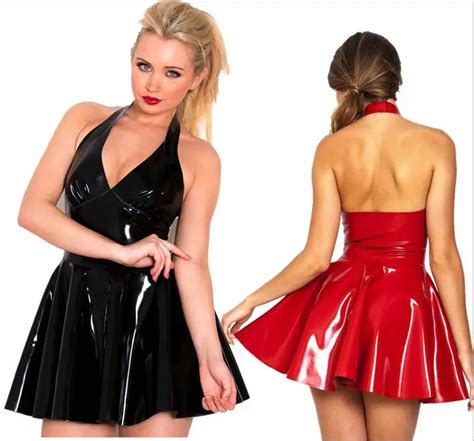 2016 Sexy Pvc Leather Latex Dress Red Shiny Pvc Halter Sleeveless Catsuit Erotic Bondage Pleated