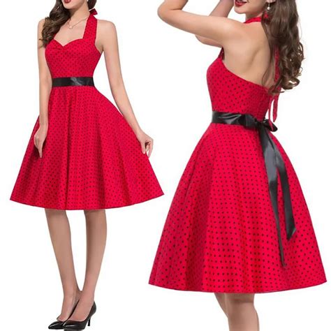 Lady Vintage Polka Dots Red Dress 50 S 60 S Swing Pinup Retro Party Housewife Backless Halter