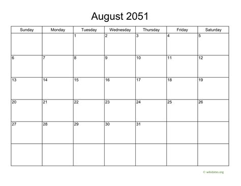 Basic Calendar For August 2051
