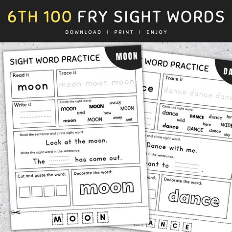 6th 100 Fry Sight Words Frys Sixth 100 Sight Words Worksheets Set 1