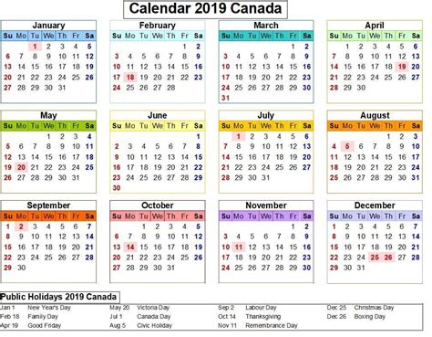 Canada 2019 Calendar With Holiday Colorful Free Printable Calendar