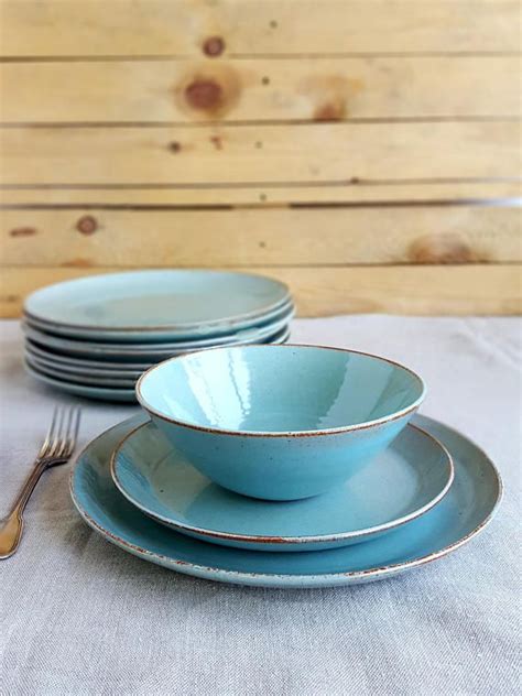 Turquoise Pottery Dinnerware Set For 6 Ceramic Dinnerware Etsy