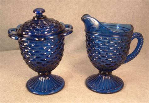 Vintage Imperial Cobalt Blue Glass Basket Weave Pattern Creamer And Sugar Set Ebay