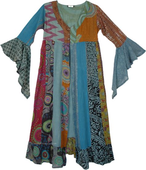 Fragile Teal Bohemian Cotton Duster Kimono Dresses Blue Patchwork Printed Bohemian