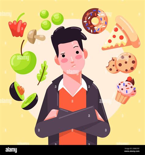 Man Choosing Between Healthy And Unhealthy Food Vector Illustration