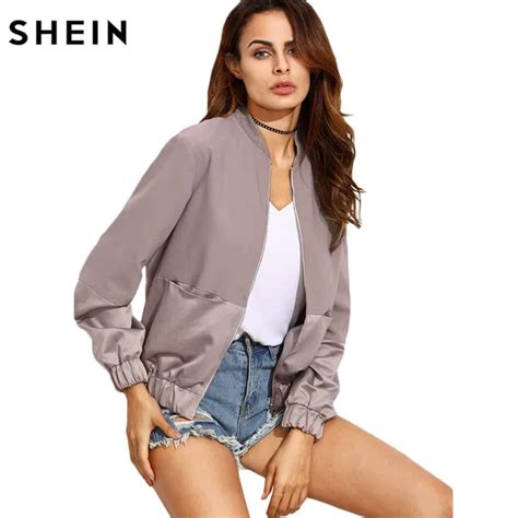 shein womens autumn casual jackets ladies color block pocket zipper front stand collar long