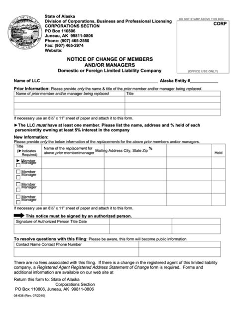 Fillable Form 08 638 Notice Of Change Of Members Andor Managers