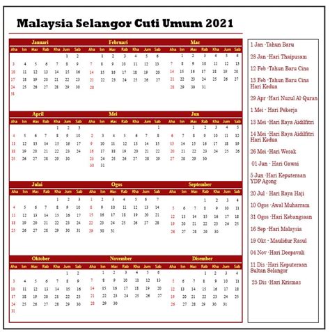 Kalendar Cuti Umum 2021 Selangor