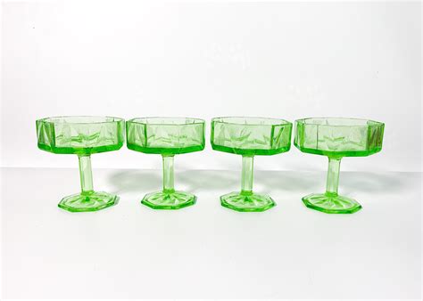 4 depression glass green low sherbet cups or champagne coupes flat bottom textured lines on