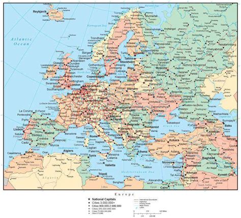 Europe Map With Countries Cities And Roads And Water Features
