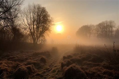 A Smoggy Sunrise With The Sun Breaking Through The Fog Stock Photo
