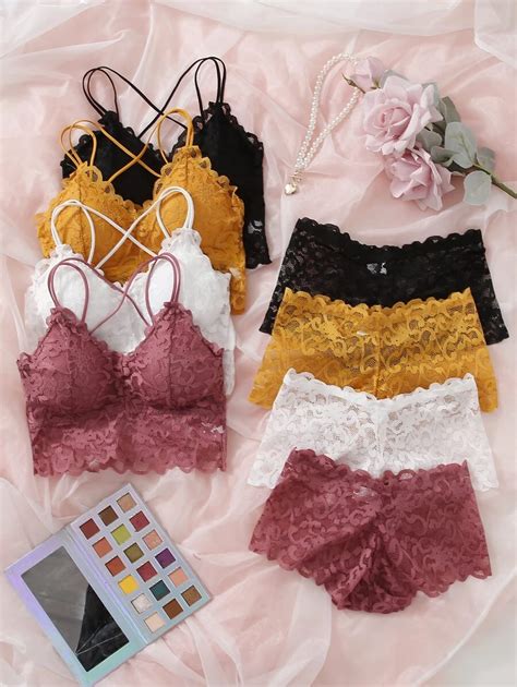 4pack floral lace criss cross lingerie set shein usa