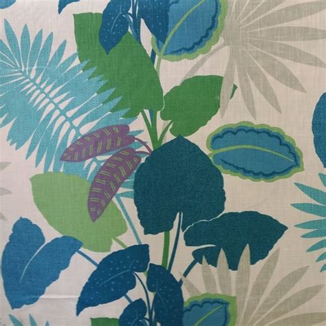 This Is A Blue Green And Purple Floral Leaf Cotton Drapery Fabric