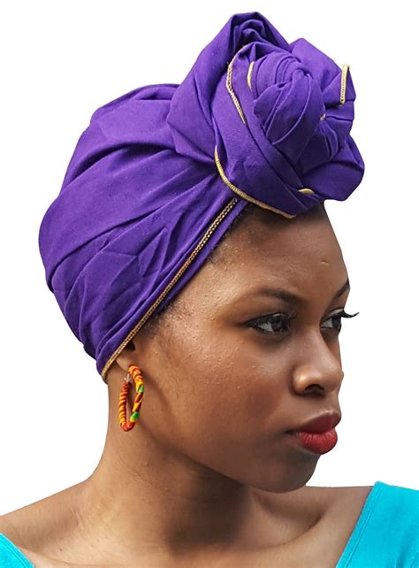 Purple African Cotton Head Wrap Scarf With Gold Trim In