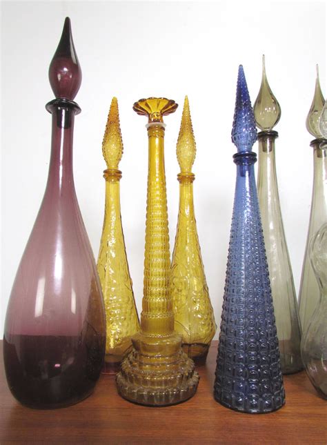 Large Collection Of Mid Century Modern Glass Genie Decanter Bottles At