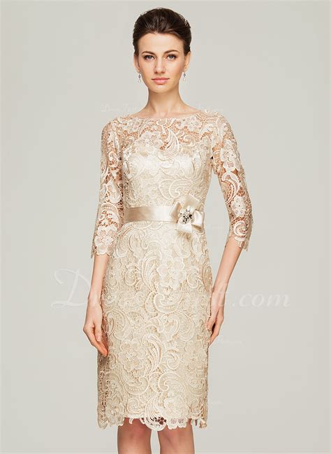 Sheathcolumn Scoop Neck Knee Length Lace Mother Of The Bride Dress With Beading Flowers