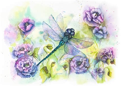 Purple Dragofly Watercolor Print Grey Poppies With Dragonfly Etsy