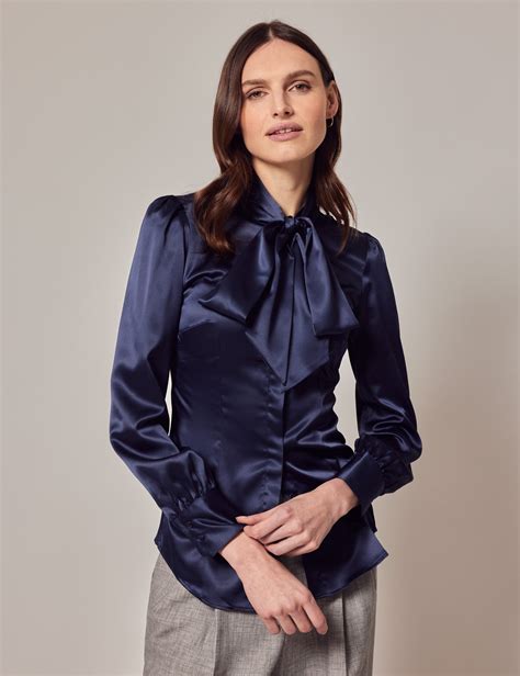 Womens Navy Fitted Luxury Satin Blouse Pussy Bow Hawes And Curtis