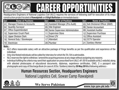 See complete jobs description, salary details, education, training, courses and skills requirement, experience details for jobs vacancy jobs today in govt and private. National Logistic Cell Jobs 2019 NLC Rawalpindi Vacancies ...