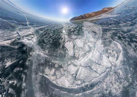 Crack On The Ice Of Lake Baikal From Olkhon Wide Angle Panorama Stock