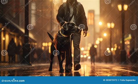 A Man Working with a Guide Dog and Walking Along the Street Stock Photo