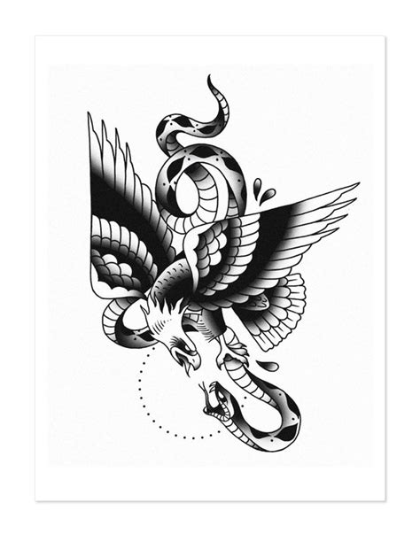 Eagle And Snake Traditional Tattoo Flash Black And White Etsy
